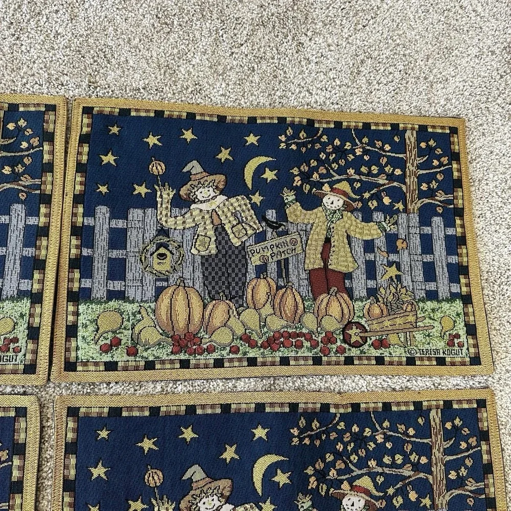 Pumpkin Patch Scarecrow Set 4 Placemats Tapestry Woven Teresa Kogut Fall Autumn
